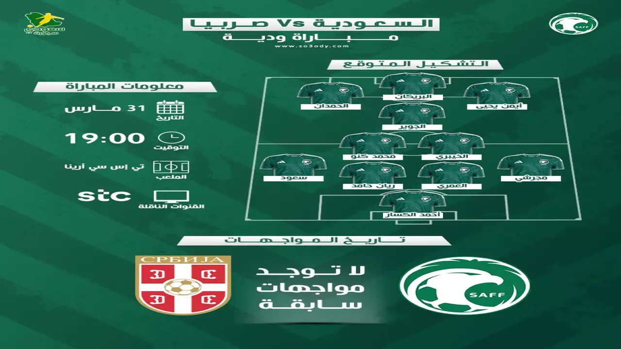 موعد مباراة المنتخب السعودي ضد صربيا والقنوات الناقلة وتشكيلة الفريق المتوقعة للمواجهة
